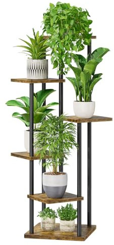 LyTaispuly 6 Tier Tall Corner Plant Stands Indoor Outdoor, 115cm Large Metal Wood Plant Stand Flower Shelf for Multiple Plants, Tiered Plant Holder Rack for Balcony Garden Patio Living Room (Black)