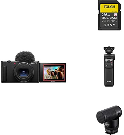 Sony ZV-1II Vlog-Kamera | Digitalkamera (Weitwinkel-Zoomobjektiv, verstellbares Display für Vlogging, 4K Video) + Bluetooth Handgriff & Mikrofon & SD-Karte
