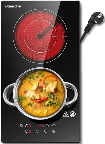Plaque vitroceramique AMZCHEF plaque vitrocéramique 2 feux encastrable avec scommande tactile par capteur, serrure de sécurité pour enfants, 9 niveaux, minuterie 99 minutes, 3200w, avec prise