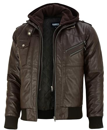 Vance Veste en cuir véritable pour homme en 100% cuir d'agneau avec capuche amovible, marron foncé, L