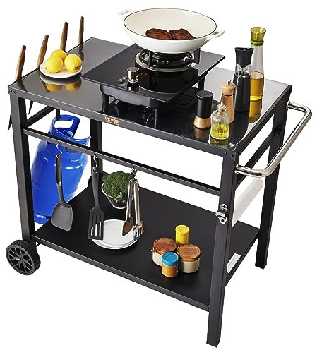 VEVOR Carrello da Pranzo per BBQ da Esterno con Doppio Ripiano, Tavolo Mobile Preparazione degli Alimenti per Barbecue, Piano Multifunzionale in Ferro Pieghevole, Carrelli da Esterno 1000x640x835mm