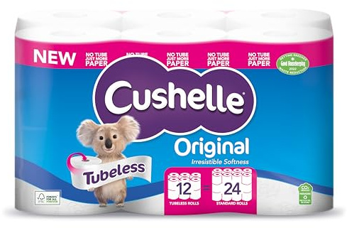 Cushelle Original, Toilet Tissue, 12 Equals 24 Regular Rolls | Twice as Long, Tubeless