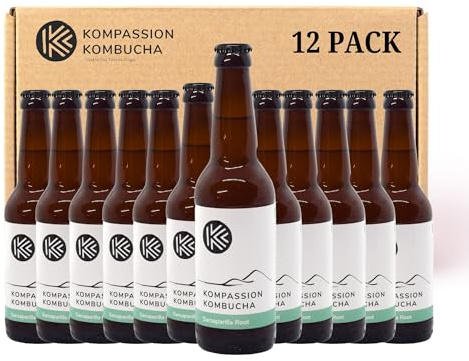 Kompassion Sarsaparilla Root Kombucha Tea (330ml)12 Pack – Low Sugar, Vegan, Probiotic Soft Drink