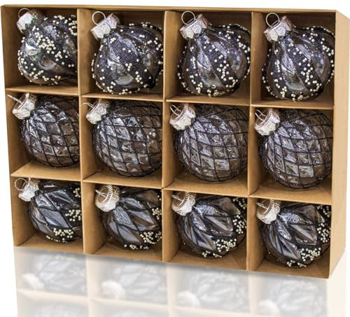 12 Stück transparente und schwarze Weihnachtskugel-Ornamente, 80 mm, rustikale Bauernhaus-Weihnachtsdekorationen, groß, bruchsicher, luxuriös, handbemalt, Weihnachtsschmuck für Weihnachtsbaum,