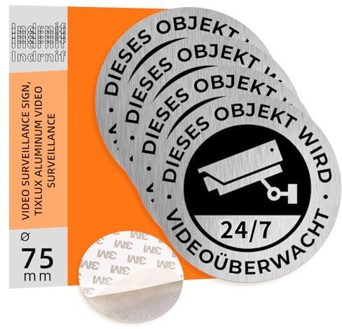 Indrnif 4 Cartelli Per Videosorveglianza, In Alluminio, 3 M, 75 Mm, Attenzione, Videosorveglianza, Privato, Cartello In Alluminio, Segnale Di Avvertimento Per Fotocamera, Sorveglianza, Nero