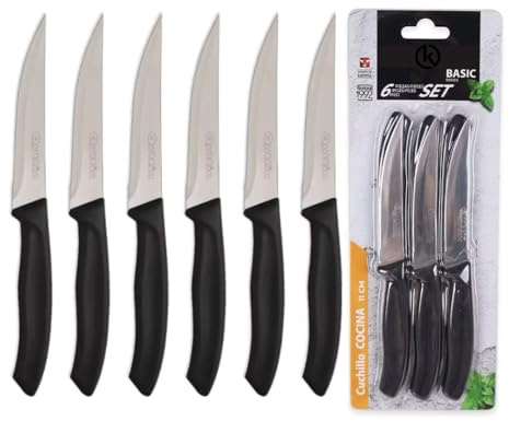 KROWN - Cuchillo Pack de 6 Cuchillos de Uso Diario. Juego de 6 Cuchillos de Carne. Mango Negro Resistente y Duradero. Cuchillo Apto para Mesa Carne, Pelador, Cocina. Set 6 Piezas