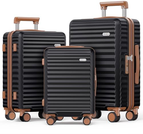 SHOWKOO Kofferset 3 Teilig Hartschale Erweiterbar 100% PC Leicht Haltbar Reisekoffer mit Rollen Trolley Handgepäck & TSA Schloss (M L XL -Elegante Schwarz)