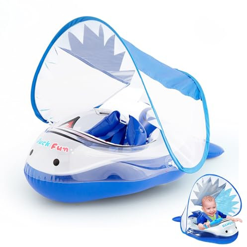Bouée Bébé Bleu, Le Requin Bouee Bebe avec auvent Pare Soleil UPF 50+, Siège Ajustable,Baby Pool Float,Bouée Piscine de Natation Gonflable Accessoires Piscine pour Garçon Enfants de 3 à 24 Mois