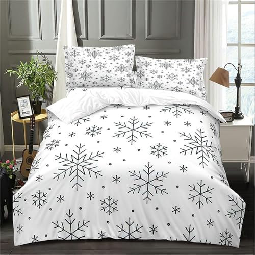 TMMDH Bettwäsche 220x240 3 teilig Winter Bettbezug 220 x 240 Set mit Kissenbezüge, Winterbettwäsche 240x220 aus Mikrofaser Weich Bettwäsche Set mit ReißverschlussWeißE Schneeflocken