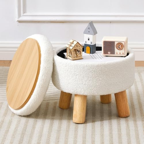 BRIAN & DANY Fußhocker mit Stauraum, Kleiner Stauraum, Ottomane, Teddy-Fleece Runder Hocker mit Deckel, Sherpa Fußhocker mit Beinen für Wohnzimmer Eingangsbereich, Weiß