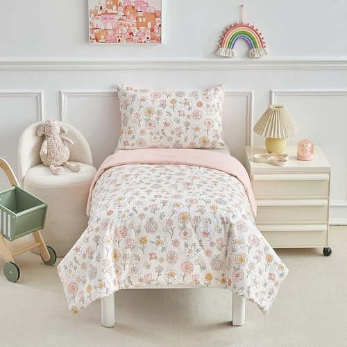 DuShow Pink Floral Cot Bed Duvet Cover Set,Toddler Bedding Sets For Girls,Flower Toddler Cot Bed Duvet Cover and Pillowcase -120 x 150