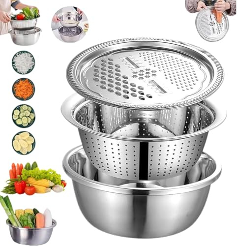 Rice Washer，Rice Washer Strainer Bowl，Stainless Steel Salad Spinner，Salad Chopper Bowl and Cutter with lid，Stainless Steel Colander，Graders for Food，for Washing Vegetable Kitchen Tool(26cm)