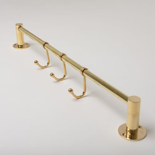 Tringle à crochets de cuisine en laiton massif | Barre de suspension pour ustensiles | Portant à vêtements | Rail robuste avec 3 crochets | Porte-serviettes de salle de bain