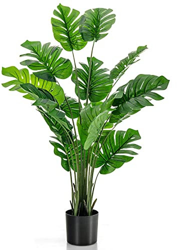 HAPPYGRILL Planta artificial Monstera Deliciosa, planta sintética de 5 pies con maceta de cemento, 15 hojas grandes, plantas decorativas de vegetación falsas, decoración interior y exterior para