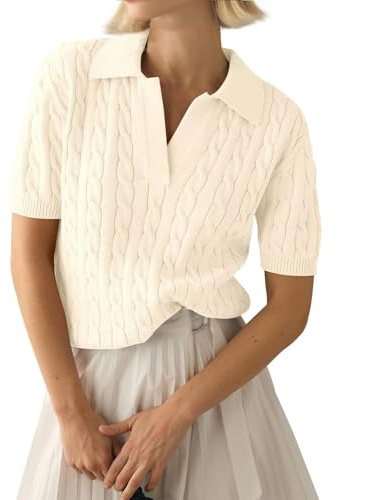LACOZY Hauts d'été à manches courtes pour femmes col en V tricot côtelé polo pull chemises décontracté léger pull-over chemise 2025