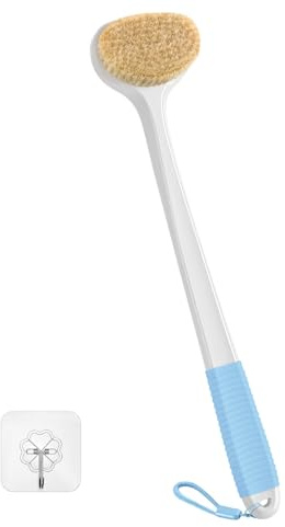 Rückenbürste für die Dusche mit 43 cm langem Griff, rutschfestem Griff, Trockenbürste für den Körper, Duschbürste mit Naturborsten für Lymphdrainage - Weiß mit blauem Griff