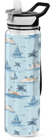 Mnsruu Bouteille d'eau de 1 l avec paille - Motif palmiers et îles - Anti-fuite - Sans BPA - Pour homme, femme, enfant