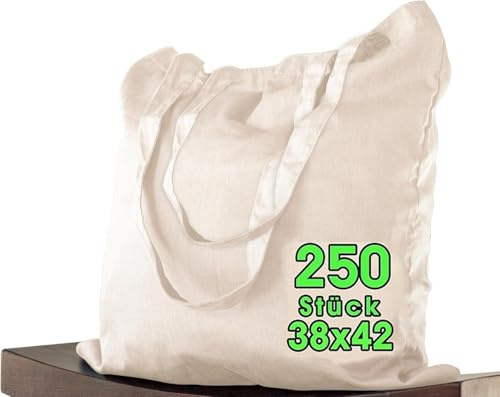 ELES VIDA 250 styck bomullsväska 38 x 42 cm otryckt, två långa handtag OEKO-TEX® tygväska, bärväska, bomullspåse, shoppingväska, jutepåse, tygpåse, shoppingpåse, natur