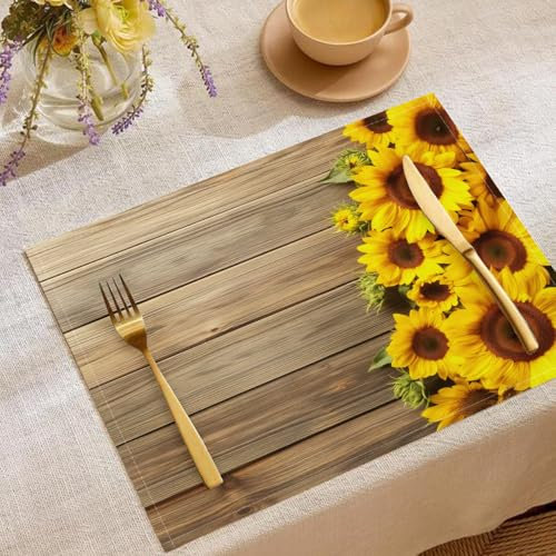 4 Pezzi Sottopiatti Girasole Rustico Tavola Di Legno, Tovagliette Lavabili, 30 x 45 cm Tovagliette Rettangolari Stampate in Lino, Adatto a cucina, soggiorno, sala da pranzo, bar