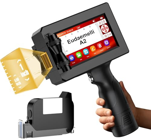 A2 Impresora de Mano Portátil, Impresora Portátil de Inyección con 42ML Cartucho de Tinta de Secado Rápido,Pulgadas para Texto QRCode/Código de barras/Número/Image（Altura impresión: 2-25,4 mm）