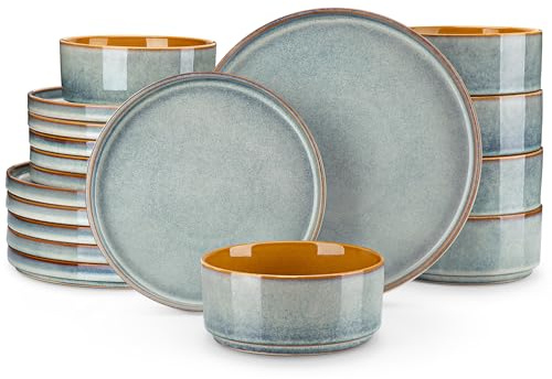 vancasso ONION Vajillas Completas 6 Personas, Vajilla Modernas 18 Piezas de Gres - 6 Platos Llanos, 6 Platos de Postre y 6 Cuencos - Esmaltado Reactivo Azul Claro, Apto para Microondas