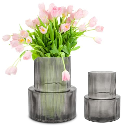 LOMUG Vase Glas, Glasvase mit Geriffelt, Klare Vasen, Blumenvasen Modern für Wohnzimmer, Esszimmer, Schlafzimmer, Regal, Hochzeit, Büro, Couchtisch, Zuhause, Geburtstag, Blumen (Schwarz)