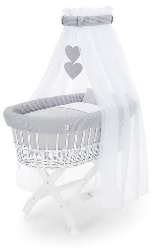 FabiMax Stubenwagen Weiß Komplettset mit Matratze, Musselin-Schlafsack oder Bettwäsche, Himmel & Weidenkorb (Decke/Kissen, Grau)