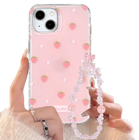 Reownest for iPhone 15 Case with Cute Bling Pink Strawberry Flower Pattern Aesthetic Floral Girly Cover, Soft TPU Bumper Protective Phone Cases for Women Girls + Beaded Bow Chain