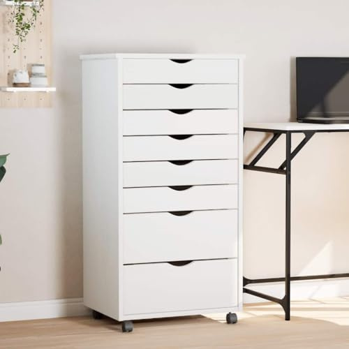 Qnhdfrt Rollschrank mit 8 Schubladen Weiß Massivholz Kiefer Mobil Organizer Aufbewahrungsschrank für Büro Werkstatt Wohnzimmer