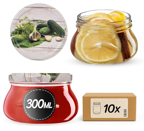 KADAX Barattoli per marmellata da 300 ml con tappo a vite fi82 mm, piccoli barattoli per miele e spezie, vasetti per marmellata con coperchio, vasetti ermetici da regalare (cetrioli, 10 pezzi)