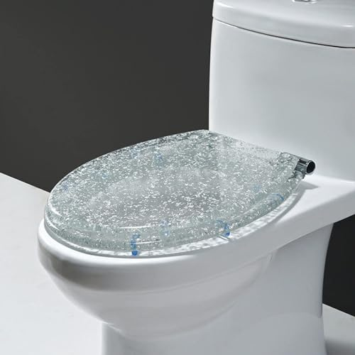 Abattant WC en résine pailletée avec mécanisme de Fermeture en Douceur – Robuste, à dégagement Rapide, Acrylique argenté, Dimensions 36 x 42 cm