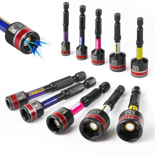 GEINXURN Lot de 10 Douilles Hexagonales Aimantées, 65 mm de Long, Métriques (6 mm, 8 mm, 10 mm, 11 mm, 13 mm), Tige Hexagonale 1/4, Douilles de Adaptateur Magnétique pour Visseuse Sans Fil Tournevis