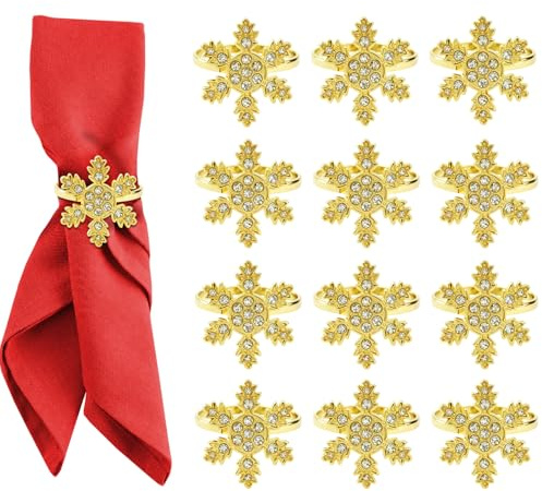 ACTOYS Portatovaglioli Natalizi, Porta Tovaglioli Natale, Ferma Tovaglioli Natalizi, Anelli di Porta Tovagliolo, Portatovaglioli, Addobbi Tavola Natalizia, Capodanno (Fiocchi di neve Oro, S)