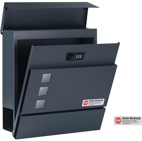 Zedelmaier Briefkasten Wandbriefkasten mit Zahlenschloss Postkasten Briefkästen mit Zeitungsfach Mailbox Anthrazit 33 X 31 X 10 cm