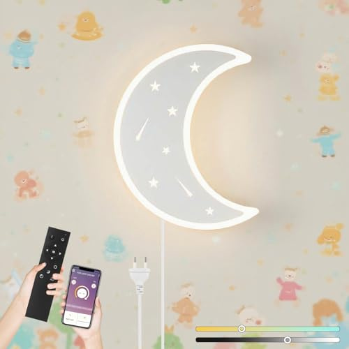 KZT Wandlampe Kinderzimmer Dimmbar mit Fernbedienung 3000K-6000K Wandleuchte mit Stecker Cartoon Mondlampe, Helligkeit Einstellbar, Timer, Acryl Wandbeleuchtung für Babyzimmer, Weiß