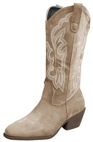 Xbemkste Cowboy Boots - Stivaletti da donna con tacco, vintage, ricamati, eleganti, medi, da donna, comodi, per le mezze stagioni, cachi, 40 EU