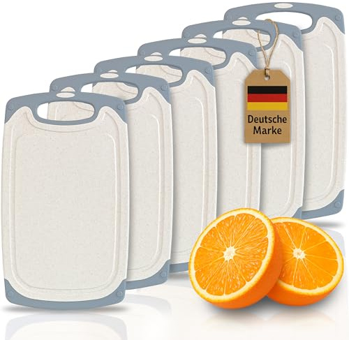 6 kleine Frühstücksbrettchen, 24x14cm, Kunststoff, Bretter, Brotzeitbrett, Schneidebrett Set, creme Brettchen mit grauem Rand
