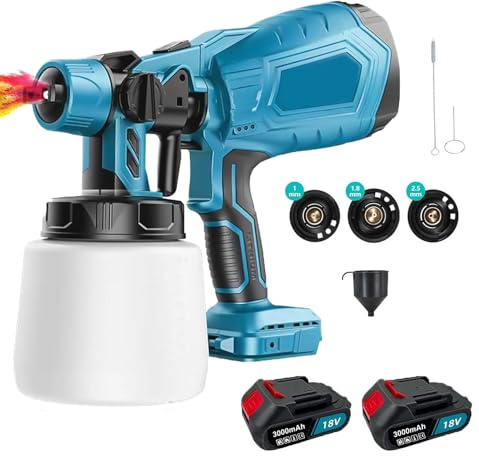 Farbsprühsystem, 500W HVLP Akku Farbsprühpistole mit 3 Düsen und 3 Muster Kabellos Farbsprühgerät, 1000ml Verstellbarem Farbfluss Lackierpistole Elektrisch für Zäune, Schränke, Wände, Decken, Möbel