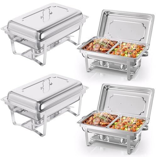 TLGREEN 4 PCS Buffets Chauffants 4X9L, 8 Récipients GN 1/2, Chauffe-Plats en Acier Inoxydable, Chauffe Plat Buffet, Chafing Dish Buffet pour Traiteurs, Buffets, Fêtes de Noël et écoles.