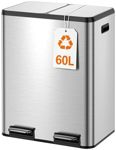 Pattumiera da cucina da 60 l, 2 x 30 l in acciaio inox a pedale, doppia pattumiera con coperchio a chiusura rallentata e secchi interni in plastica, a prova di impronte digitali, antiodore, grande