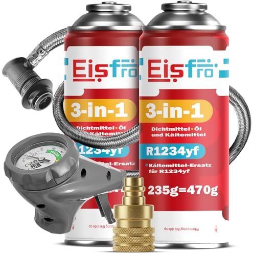Eisfro - 3-i-1 R1234yf påfyllning för bilens luftkonditionering – 2 x 235 g med slang och adapter YF – Bilens luftkonditionering – Gas R1234yf 3-i-1 – Gaspatron – ECO