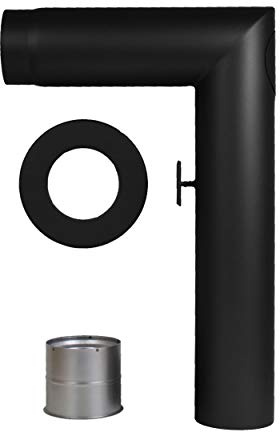 LANZZAS Ofenrohr-Set 1x 90°, 3-teilig - im Durchmesser 150 mm - Farbe: schwarz - mit Drosselklappe und Reinigungsverschluss