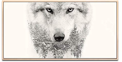 Wolf Portrait ca. 130x70cm Wandbild inklusive Schattenfugenrahmen naturfarbend - Panorama Leinwand Bild XXL Format Wandbilder Wohnzimmer Wohnung Deko Kunstdrucke