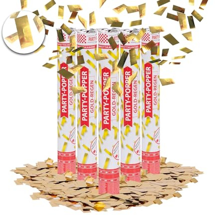 Party Factory – Konfettikanone Gold Party Popper 5er Set – Partygadgets Konfetti Kanone 40cm mit Schnipseln für Hochzeit, Geburtstag oder Silvester – Bis 8m Flughöhe, für Innen & Außen