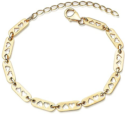 Damen Armband gold mit Herzen aus 925 Silber vergoldet 17,5-22cm SA-139 | Goldenes Herzarmband mit Plättchen aus 925 Sterling Silber verstellbar für Frauen von MATERIA by Matthias Wagner