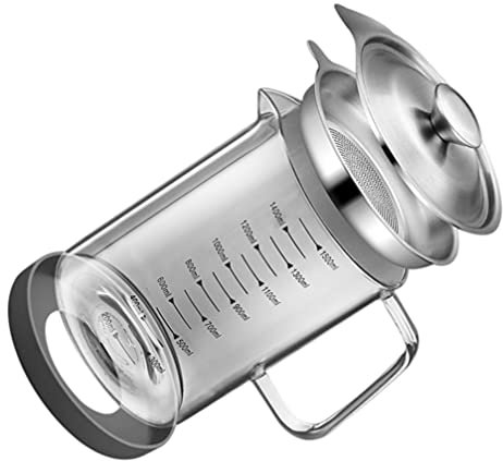 BESTonZON Fetttrennkanne Glas Ölsieb Topf Transparent Kanne mit Sieb 1500ml Behälter Fettbehälter Lagerung von Frittieröl Speisefett Suppe Restaurant Zuhause Küche Küchenhelfer