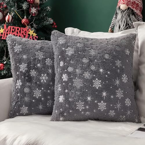 MIULEE 2er Set Kissenbezüge Weihnachten Kuschelkissen Flauschig Schneeflocken Dekokissen Sofakissen Plüschkissen Fellkissen Couchkissen Kissenhülle Zierkissenbezug für Wohnzimmer 40x40 cm Grau