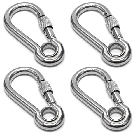 PRIOstahl Lot de 4 mousquetons avec écrou de sécurité et cosse - 8 x 80 mm x 4 pièces avec sécurité à vis - Mousqueton à vis - Fixation pour fauteuil suspendu - Sac de frappe en acier inoxydable V4A