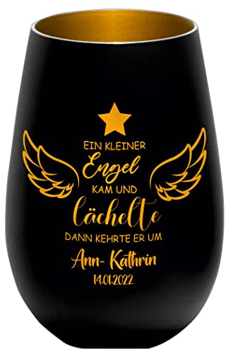 Sternenkind Trauerlicht - EIN Kleiner Engel kam und lächelte - schwarz/Gold - Gedenklicht Teelichtglas personalisierbar Erinnerung Trauergeschenk mit Name und Datum
