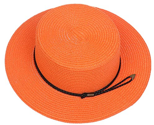 Xiang Ru Sonnenhut mit LSF 50, breite Krempe, flache Oberseite, Schlapphut für Damen, Sommer, Stroh, PU, Schnalle, verstaubar, Urlaub, Strandzubehör, Orange, One size